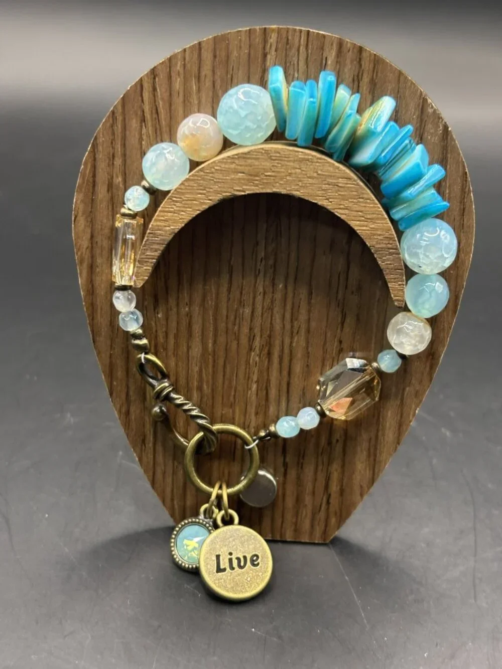 Live Charm Bracelet with Swarovski Crystal • Shell Beads • Faceted Agate • Handm